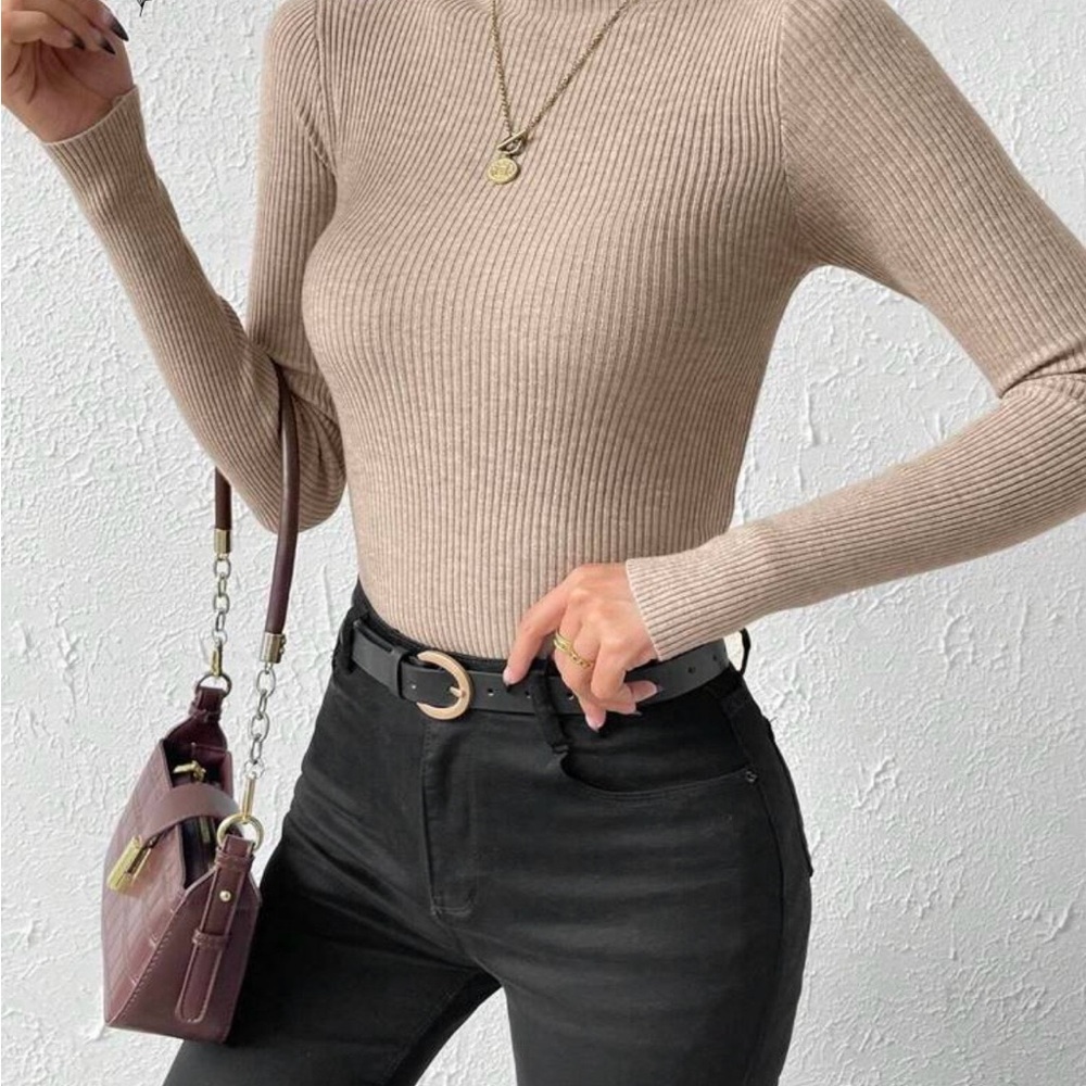 Women's Ribbed Knit Long Sleeve mock neck Top - Beige
